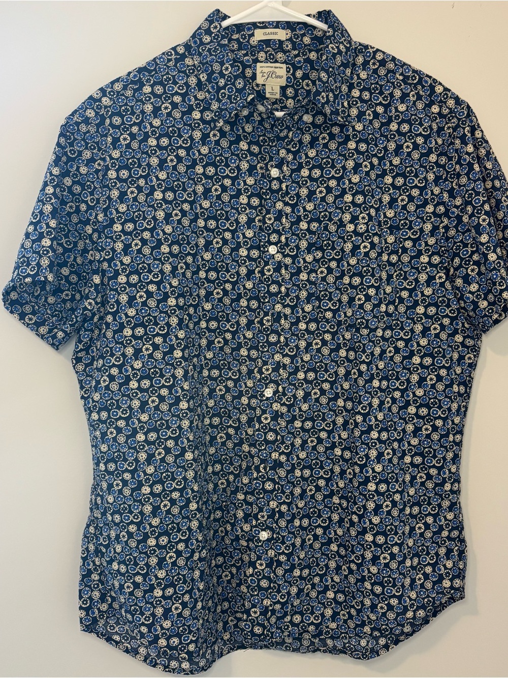 J. Crew Blue Short-Sleeve Button-Down Shirt with White Floral Dots